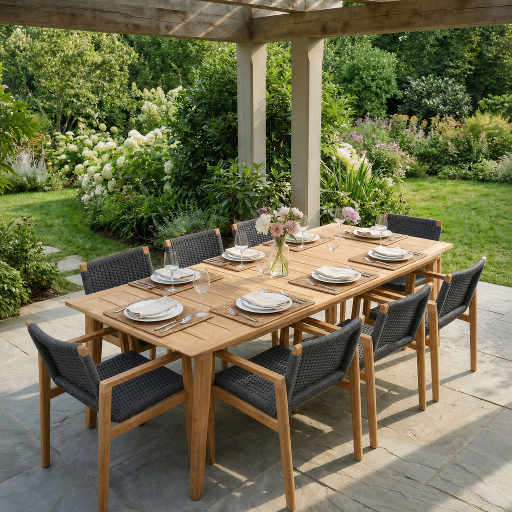 Outdoor dining setup with a wooden table and chairs on a stone patio, surrounded by greenery.